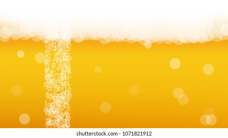 Beer bubbles background with realistic white foam.  Cool beverage for restaurant menu design, banners and flyers.  Yellow horizontal beer bubbles backdrop. Cold glass of ale for brewery design.