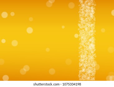 Beer bubbles background with realistic white foam.  Cool beverage for restaurant menu design, banners and flyers.  Yellow horizontal beer bubbles backdrop. Fresh cup of lager for brewery design.