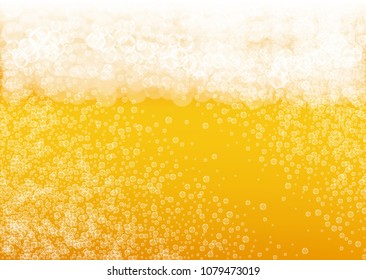 Beer bubbles background with realistic white foam.  Cool liquid drink for pub and bar menu design, banners and flyers.  Yellow horizontal beer bubbles backdrop. Fresh cup of lager for brewery design.