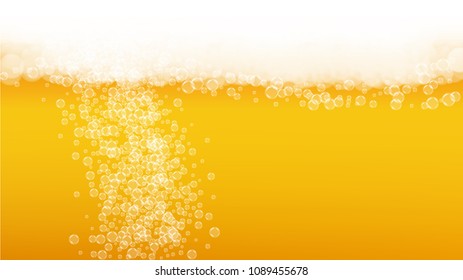 Beer bubbles background with realistic white foam.  Cool beverage for restaurant menu design, banners and flyers.  Yellow horizontal beer bubbles backdrop. Fresh cup of lager for brewery design.