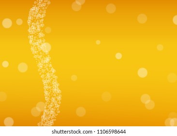Beer bubbles background with realistic white foam.  Cool liquid drink for pub and bar menu design, banners and flyers.  Yellow horizontal beer bubbles backdrop. Fresh cup of lager for brewery design.
