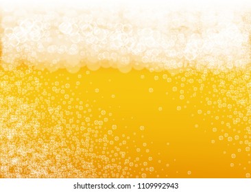 Beer bubbles background with realistic white foam.  Cool beverage for restaurant menu design, banners and flyers.  Yellow horizontal beer bubbles backdrop. Cold glass of ale for brewery design.
