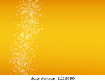 Beer bubbles background with realistic white foam.  Cool beverage for restaurant menu design, banners and flyers.  Yellow horizontal beer bubbles backdrop. Cold glass of ale for brewery design.