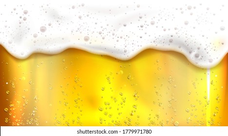 Beer with bubbles and foam background. Vector realistic illustration of lager texture in glass with flowing white froth. Banner with orange fizzy brewery drink for bar, Beer day or Octoberfest