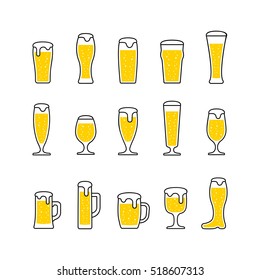 Beer with bubbles in glasses and mugs. Vector