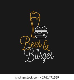 Beer and burger linear logo. Beer glass with lettering ob black background