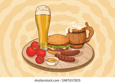 Beer, burger, sausages on the board. Bar concept. Poster, banner, background. Vector graphics