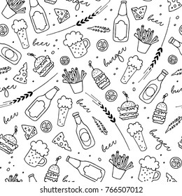 Beer and burger seamless pattern. Bottle, cup, sausages, cheeseburger, french fries,opener,wheat,hop.Hand drawn vector black and white illustration.Cartoon doodle. Background,wallpaper.Colouring page.