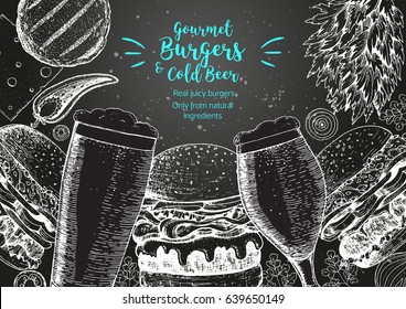 Beer and burgers vector illustration. Fast food, junk food frame. Pub food menu. Elements for burgers restaurant menu design. Engraved image, retro style.
