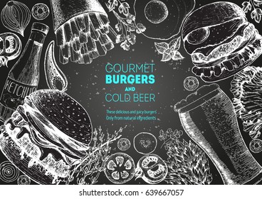 Beer and burgers vector illustration. Fast food, junk food frame. Pub food menu. Elements for burgers restaurant menu design. Engraved image, retro style.