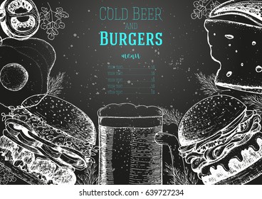 Beer and burgers vector illustration. Fast food, junk food frame. Pub food menu. Elements for burgers restaurant menu design. Engraved image, retro style.