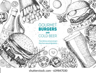 Beer and burgers vector illustration. Fast food, junk food frame. Pub food menu. Elements for burgers restaurant menu design. Engraved image, retro style.