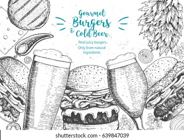 Beer and burgers vector illustration. Fast food, junk food vertical frame. Pub food menu. Elements for burgers restaurant menu design. Engraved image, retro style.