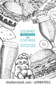 Beer and burgers vector illustration. Fast food, junk food vertical frame. Pub food menu.  Elements for burgers restaurant menu design. Engraved image, retro style.