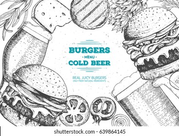 Beer and burgers vector illustration. Fast food, junk food frame. Pub food menu. Elements for burgers restaurant menu design. Engraved image, retro style.