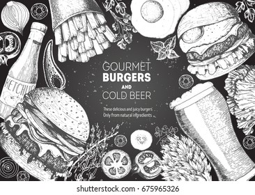 Beer and burgers vector illustration. Fast food, junk food frame. Pub food menu. Elements for burgers restaurant menu design. Engraved image, retro style.