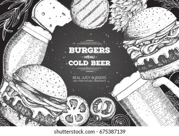 Beer and burgers vector illustration. Burgers and ingredients vector illustration. Fast food, junk food frame. Elements for burgers restaurant menu design. Engraved image, retro style.