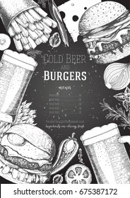 Beer and burgers vector illustration. Burgers and ingredients vector illustration. Fast food, junk food frame. Elements for burgers restaurant menu design. Engraved image, retro style.