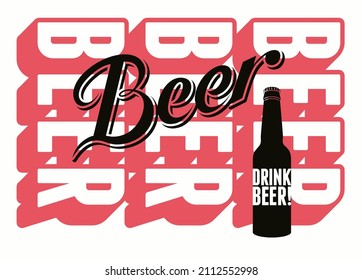 Beer calligraphic vintage poster with bottle. Vector illustration.