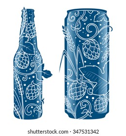 Beer can and bottle abstract ornament vector illustration. Engraving style