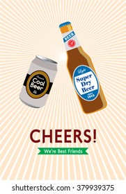 beer can and beer bottle cheers vector illustration