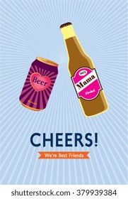 beer can and beer bottle cheers vector illustration