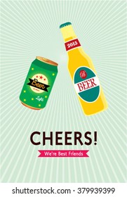 beer can and beer bottle cheers vector illustration