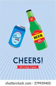 beer can and beer bottle cheers vector illustration