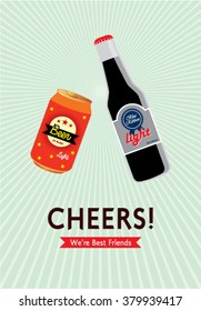 beer can and beer bottle cheers vector illustration