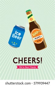 beer can and beer bottle cheers vector illustration