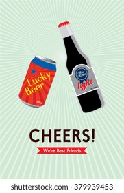 beer can and beer bottle cheers vector illustration