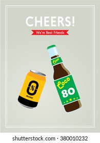 beer can and beer bottle cheers vector illustration