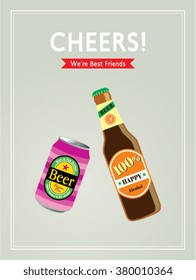 beer can and beer bottle cheers vector illustration