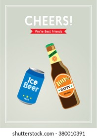 beer can and beer bottle cheers vector illustration