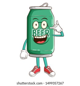 Beer can cartoon character with call me hand sign and funny smile face