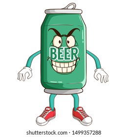 Beer can cartoon character with funny evil smile expression