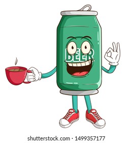Beer can cartoon character holding a cup of coffee with ok hand sign and funny smile face
