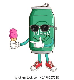 Beer can cartoon character holding melted ice cream with funny cool expression