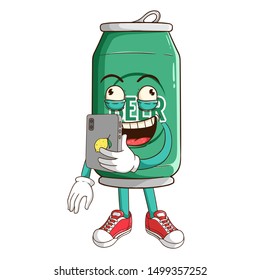 Beer can cartoon character holding smartphone and do selfie with funny expression