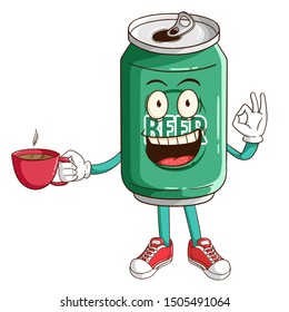 Beer can cartoon character holding a cup of coffee with ok hand sign and funny smile face