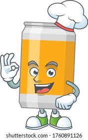 Beer can chef cartoon drawing concept proudly wearing white hat