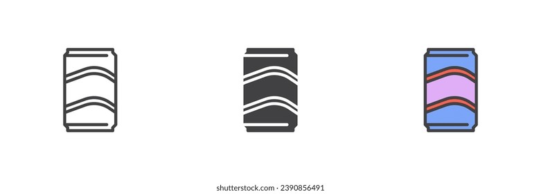 Beer can different style icon set. Line, glyph and filled outline colorful version, outline and filled vector sign. Symbol, logo illustration. Vector graphics
