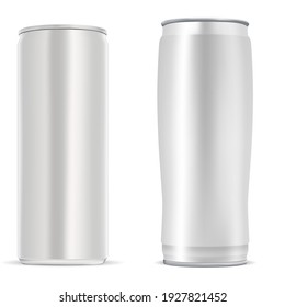 lata de cerveza. lata de bebidas energéticas, botella de refresco de aluminio. Vacío de lata de metal plateado de aluminio para bebidas frías. Ilustración desechable de café frío, contenedor realista, paquete de acero