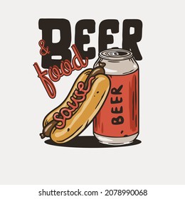 Beer can with hot dog for print. Original brew design with tin of beer and hotdog or fast food for bar