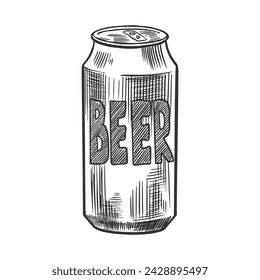 Beer can isolated on white background. Engraving vector illustration of soda can. 