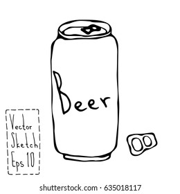 Beer Can and Key Doodle Sketch. Bar Vector Illustration. Savoyar Doodle Style.