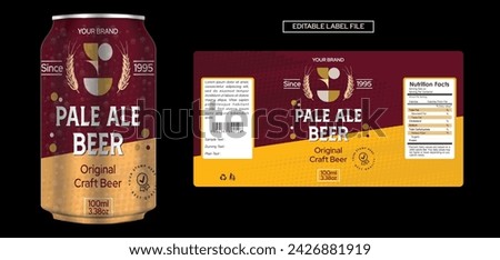 Beer Can label design, Pale Ale Beer label design, Brewery packaging crafted beer handmade label template design editable illustration file