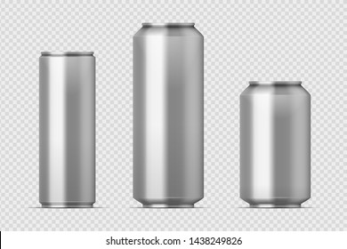 Beer can mockup. Realistic aluminum metal can for soda, different types of blank can with copy space. Vector isolated steel boxes storage set