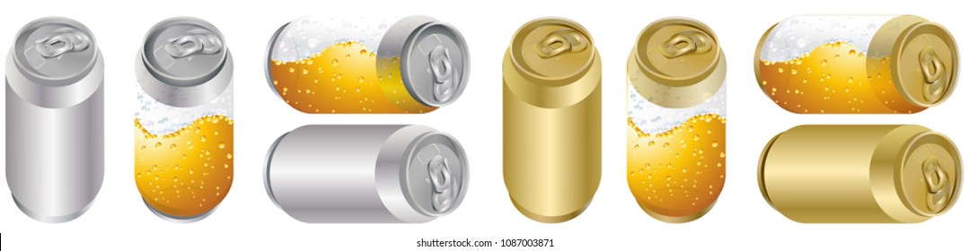 Beer can mock-up vector metal silver, golden, Transparent can of beer