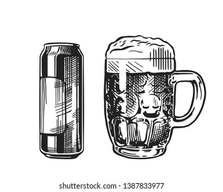 Beer can and mug of beer isolated on white background, hand-drawing. Vector vintage engraved illustration